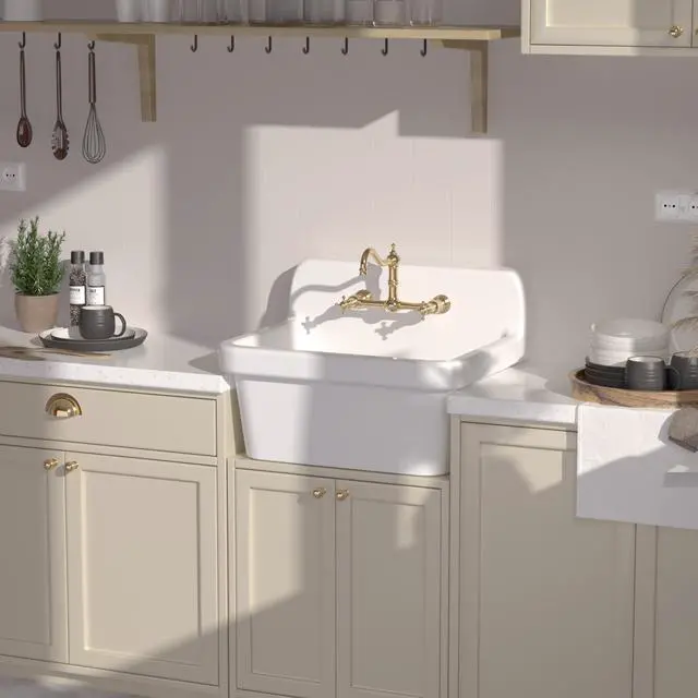 Alt view image 3 of 6 - 24 Inch Wall-Mounted Ceramic Utility Sink, White Farmhouse Sink for Laundry, Bathroom, Kitchen, Garage Durable High Back Design