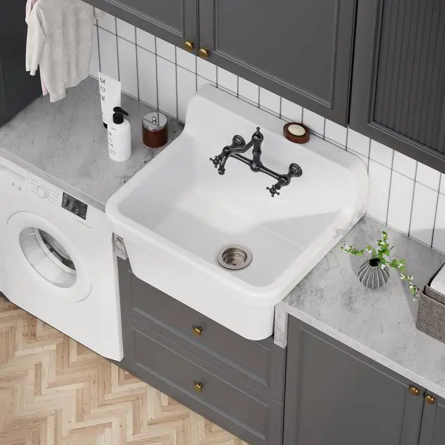 Alt view image 4 of 6 - 24 Inch Wall-Mounted Ceramic Utility Sink, White Farmhouse Sink for Laundry, Bathroom, Kitchen, Garage Durable High Back Design