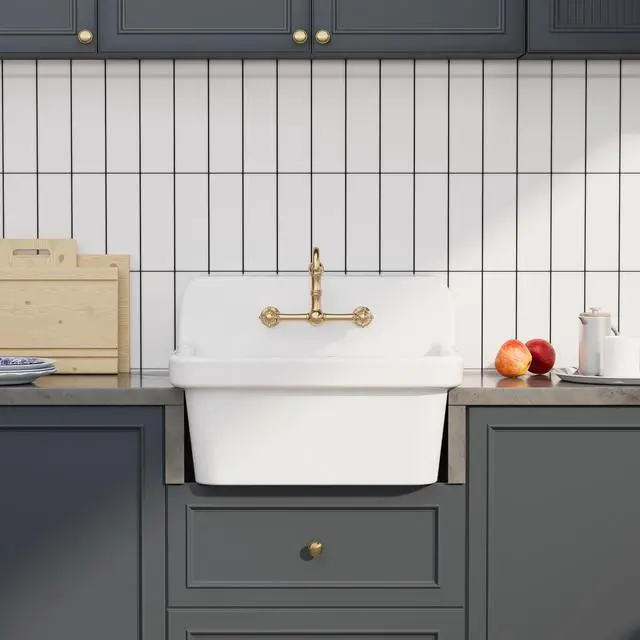 Alt view image 5 of 6 - 24 Inch Wall-Mounted Ceramic Utility Sink, White Farmhouse Sink for Laundry, Bathroom, Kitchen, Garage Durable High Back Design