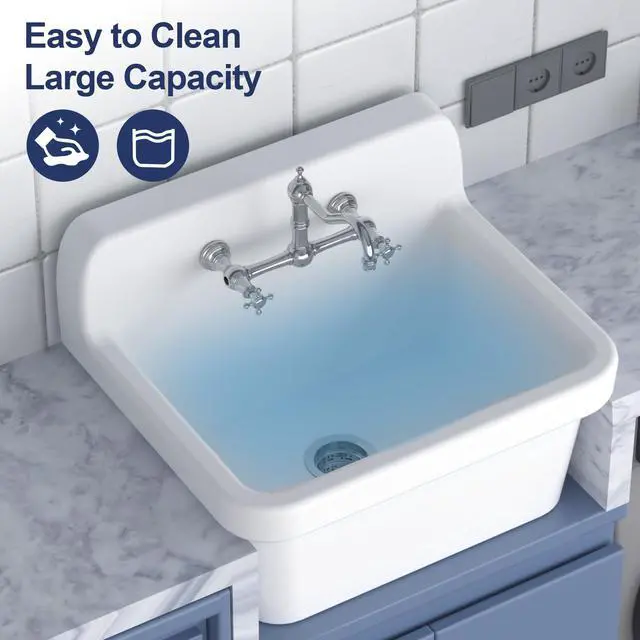 Alt view image 6 of 6 - 24 Inch Wall-Mounted Ceramic Utility Sink, White Farmhouse Sink for Laundry, Bathroom, Kitchen, Garage Durable High Back Design