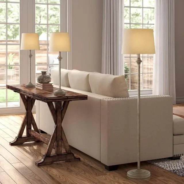 Main image of Carter Traditional 3 Piece Table Floor Lamp Set Beige Metal Cream Fabric Tapered Drum Shade Decor for Living Room Bedroom House Bedside Nightstand Home Office Reading Family