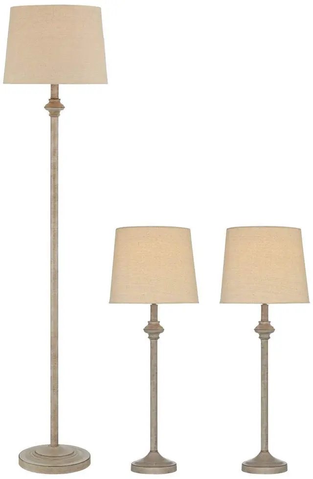 Alt view image 2 of 6 - Carter Traditional 3 Piece Table Floor Lamp Set Beige Metal Cream Fabric Tapered Drum Shade Decor for Living Room Bedroom House Bedside Nightstand Home Office Reading Family