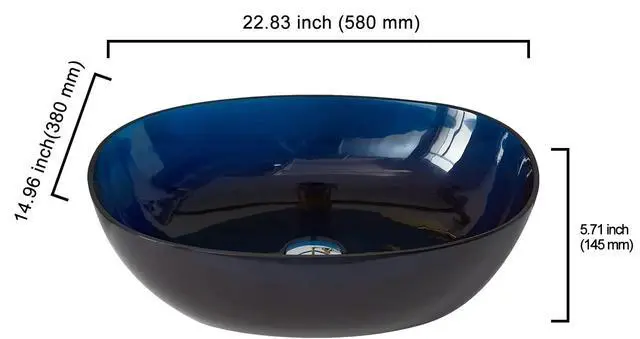 Alt view image 4 of 6 - 23"x 15" Blue Oval Translucent Bathroom Vessel Sink Above Counter for Cabinet Vanity Lavatory, Boat Shaped Stone Resin Art Basin Countertop with Pop Up Drain