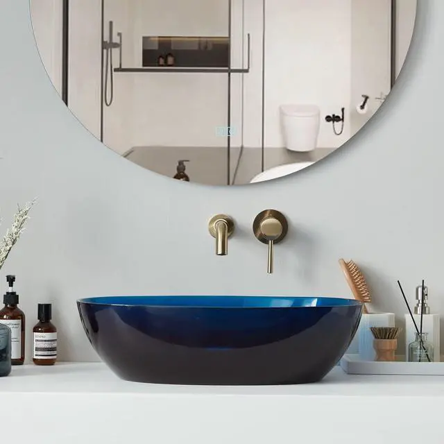 Alt view image 5 of 6 - 23"x 15" Blue Oval Translucent Bathroom Vessel Sink Above Counter for Cabinet Vanity Lavatory, Boat Shaped Stone Resin Art Basin Countertop with Pop Up Drain