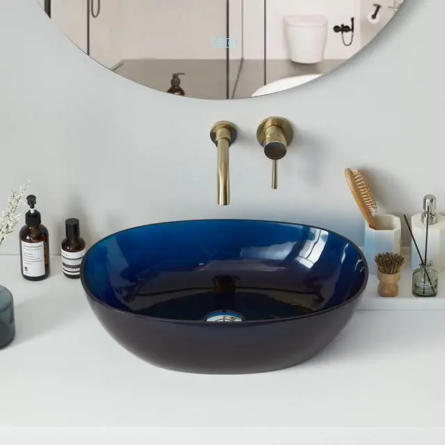 Alt view image 6 of 6 - 23"x 15" Blue Oval Translucent Bathroom Vessel Sink Above Counter for Cabinet Vanity Lavatory, Boat Shaped Stone Resin Art Basin Countertop with Pop Up Drain