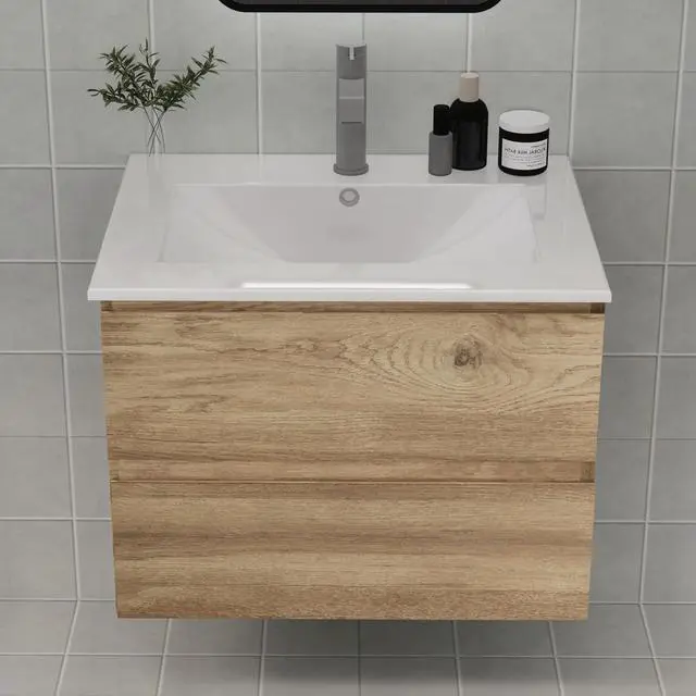 Alt view image 2 of 6 - Wall-Mounted Bathroom Vanity with 2 Soft-Close Drawers Moisture-Resistant MDF, Space-Saving Design for Modern Bathrooms (Nature Without Sink, 24)