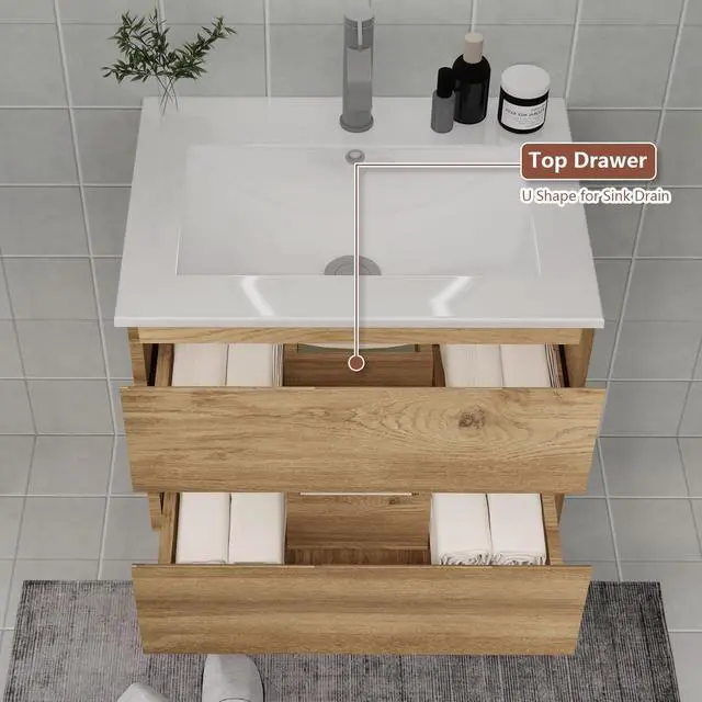 Alt view image 4 of 6 - Wall-Mounted Bathroom Vanity with 2 Soft-Close Drawers Moisture-Resistant MDF, Space-Saving Design for Modern Bathrooms (Nature Without Sink, 24)