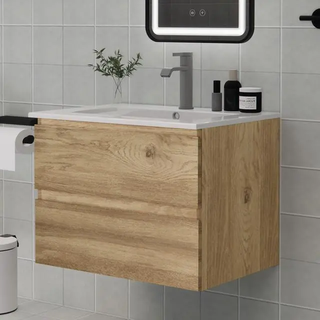 Alt view image 5 of 6 - Wall-Mounted Bathroom Vanity with 2 Soft-Close Drawers Moisture-Resistant MDF, Space-Saving Design for Modern Bathrooms (Nature Without Sink, 24)
