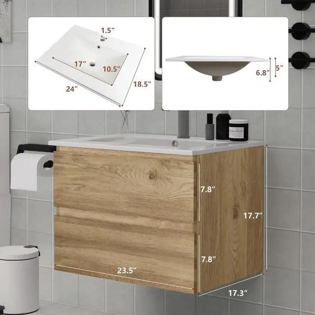 Alt view image 6 of 6 - Wall-Mounted Bathroom Vanity with 2 Soft-Close Drawers Moisture-Resistant MDF, Space-Saving Design for Modern Bathrooms (Nature Without Sink, 24)