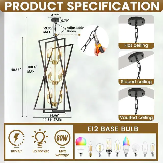 Alt view image 2 of 6 - Black and Gold Chandelier, 12-Light Industrial Farmhouse Ceiling Pendant Light Fixture, Modern Foyer Lighting for High Ceilings, Kitchen Island, Entryway
