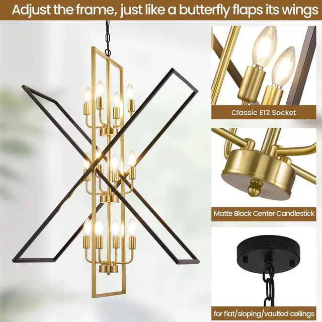 Alt view image 3 of 6 - Black and Gold Chandelier, 12-Light Industrial Farmhouse Ceiling Pendant Light Fixture, Modern Foyer Lighting for High Ceilings, Kitchen Island, Entryway