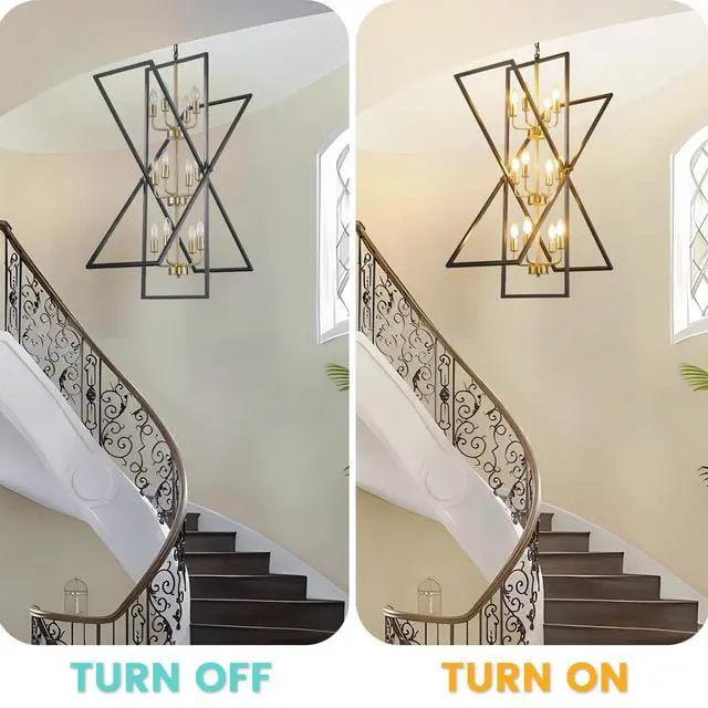 Alt view image 4 of 6 - Black and Gold Chandelier, 12-Light Industrial Farmhouse Ceiling Pendant Light Fixture, Modern Foyer Lighting for High Ceilings, Kitchen Island, Entryway