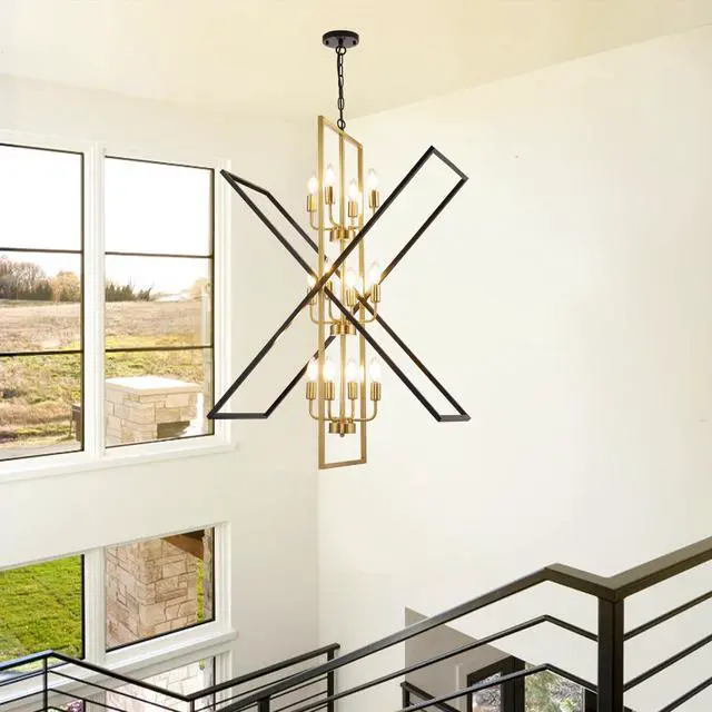 Alt view image 6 of 6 - Black and Gold Chandelier, 12-Light Industrial Farmhouse Ceiling Pendant Light Fixture, Modern Foyer Lighting for High Ceilings, Kitchen Island, Entryway