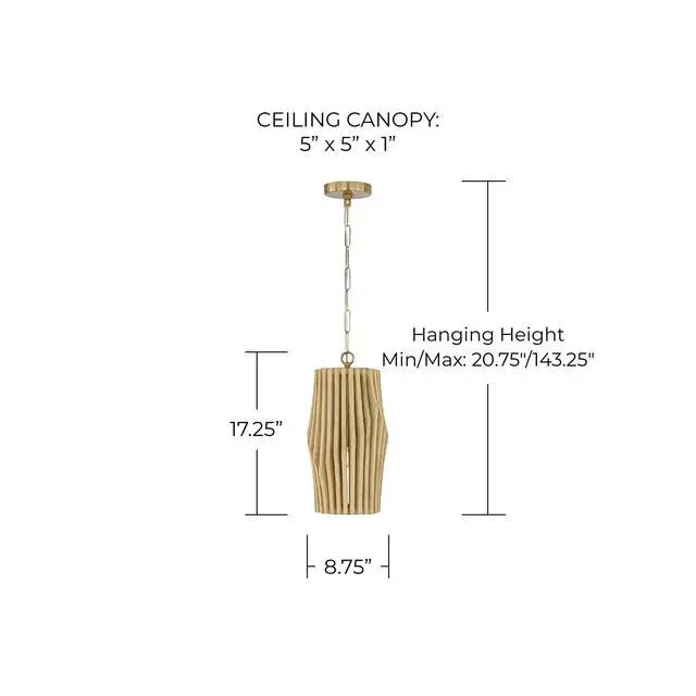 Alt view image 2 of 6 - 344613BWB Archer Modern Artisan-Crafted Mango Wood Mini Pendant Ceiling Light Fixture, 1-Light 100 Watt, 17" H x 9" W, Blonde Wood and Matte Brass