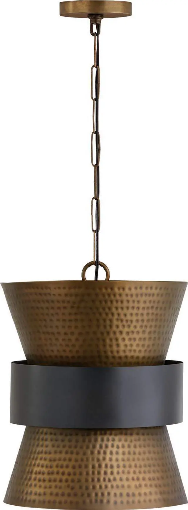 Main image of 330416PZ Loren Industrial Metal Hourglass Pendant, 1-Light 100 Watts, 17" H x 13" W, Patinaed Brass/Dark Zinc