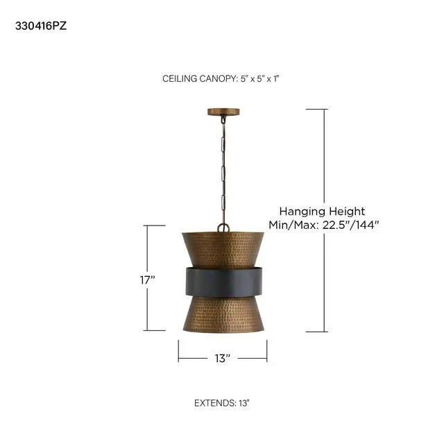 Alt view image 2 of 5 - 330416PZ Loren Industrial Metal Hourglass Pendant, 1-Light 100 Watts, 17" H x 13" W, Patinaed Brass/Dark Zinc
