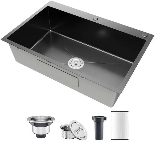 Main image of 33 Inch Drop In Kitchen Sink, Top mount SUS304 Stainless Steel Nano Gunmetal Black Single Bowl Sink, Prep Kitchen, Bar 33 x 22 x 9 inch