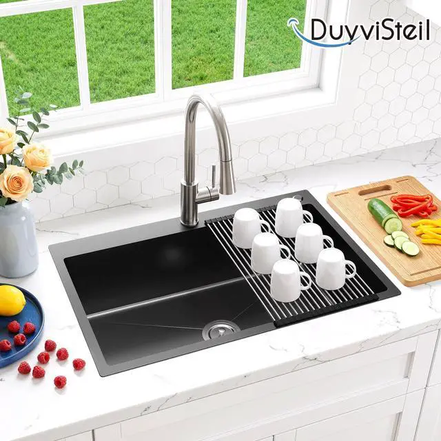 Alt view image 2 of 6 - 33 Inch Drop In Kitchen Sink, Top mount SUS304 Stainless Steel Nano Gunmetal Black Single Bowl Sink, Prep Kitchen, Bar 33 x 22 x 9 inch