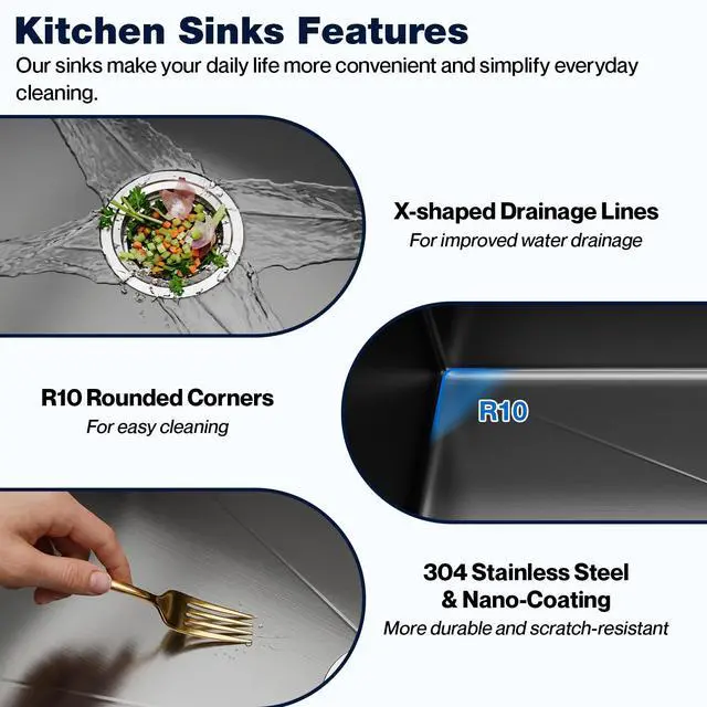 Alt view image 4 of 6 - 33 Inch Drop In Kitchen Sink, Top mount SUS304 Stainless Steel Nano Gunmetal Black Single Bowl Sink, Prep Kitchen, Bar 33 x 22 x 9 inch