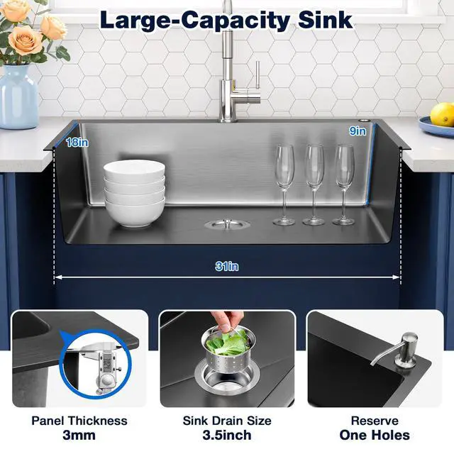 Alt view image 5 of 6 - 33 Inch Drop In Kitchen Sink, Top mount SUS304 Stainless Steel Nano Gunmetal Black Single Bowl Sink, Prep Kitchen, Bar 33 x 22 x 9 inch