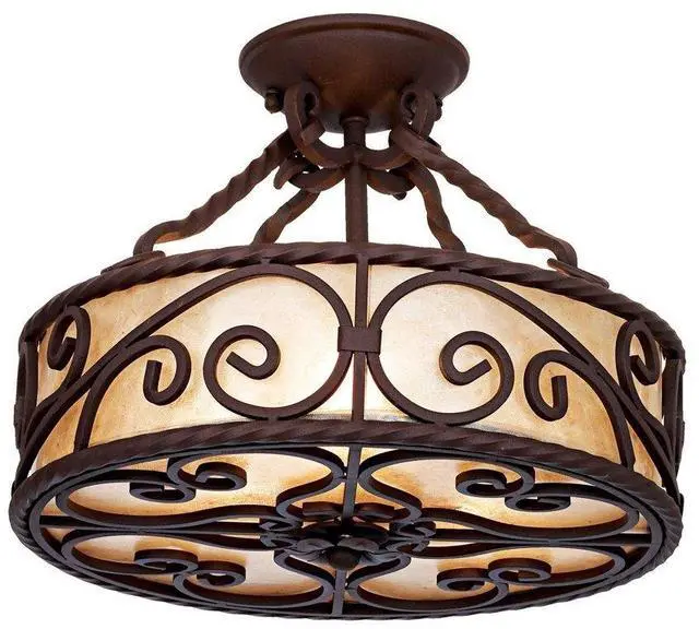 Main image of Natural Mica Collection Rustic Ceiling Light Semi-Flush Mount Fixture Deep Walnut Scroll 15" Wide Drum Shade for House Bedroom Hallway Living Room Bathroom Dining Kitchen