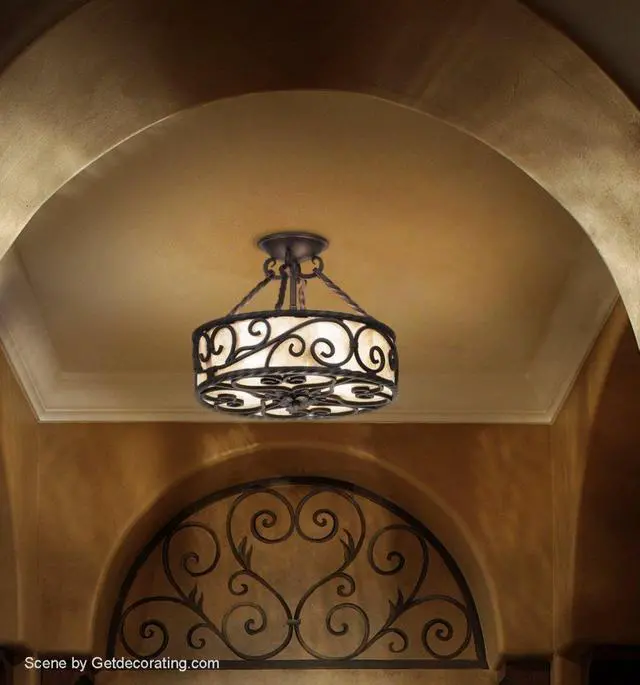 Alt view image 2 of 6 - Natural Mica Collection Rustic Ceiling Light Semi-Flush Mount Fixture Deep Walnut Scroll 15" Wide Drum Shade for House Bedroom Hallway Living Room Bathroom Dining Kitchen