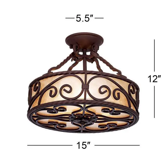 Alt view image 3 of 6 - Natural Mica Collection Rustic Ceiling Light Semi-Flush Mount Fixture Deep Walnut Scroll 15" Wide Drum Shade for House Bedroom Hallway Living Room Bathroom Dining Kitchen