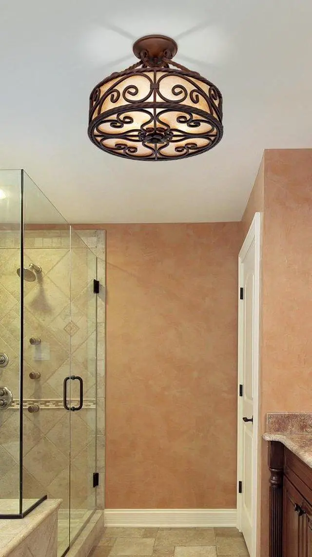 Alt view image 4 of 6 - Natural Mica Collection Rustic Ceiling Light Semi-Flush Mount Fixture Deep Walnut Scroll 15" Wide Drum Shade for House Bedroom Hallway Living Room Bathroom Dining Kitchen