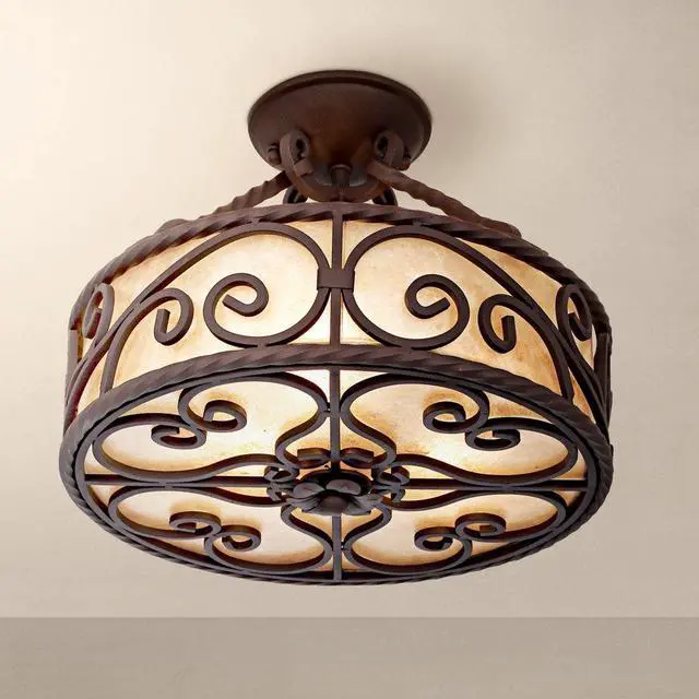 Alt view image 6 of 6 - Natural Mica Collection Rustic Ceiling Light Semi-Flush Mount Fixture Deep Walnut Scroll 15" Wide Drum Shade for House Bedroom Hallway Living Room Bathroom Dining Kitchen