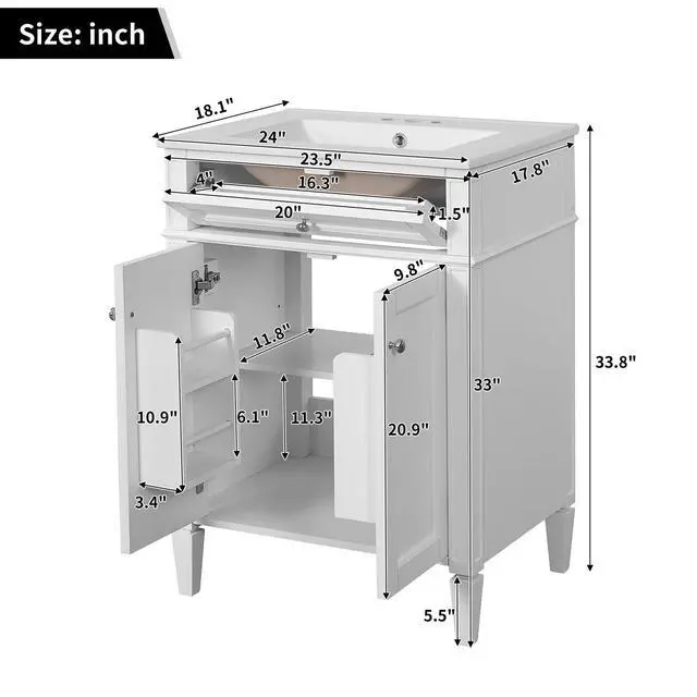 Alt view image 2 of 6 - 24" Bathroom Vanity with Ceramic Sink, Modern Bathroom Storage Cabinet with 2 Soft Closing Doors and Tip-Out Drawer, Solid Wood Frame Bathroom Vanities, Easy Assembly