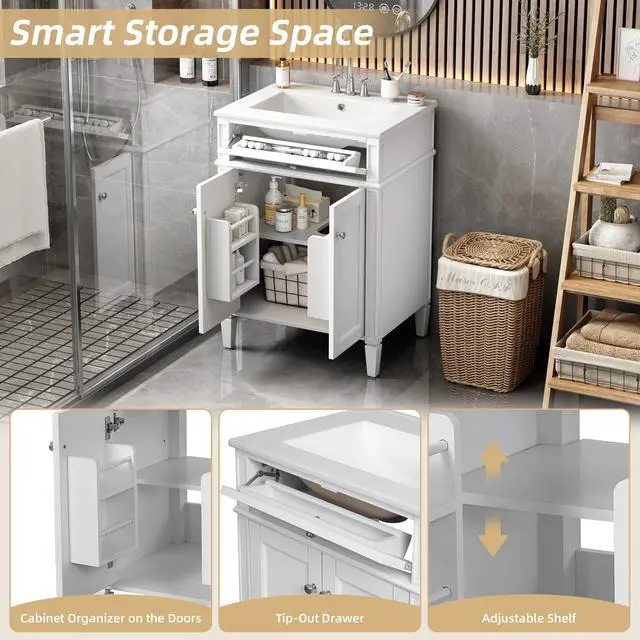 Alt view image 3 of 6 - 24" Bathroom Vanity with Ceramic Sink, Modern Bathroom Storage Cabinet with 2 Soft Closing Doors and Tip-Out Drawer, Solid Wood Frame Bathroom Vanities, Easy Assembly