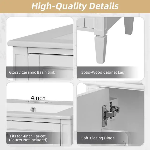 Alt view image 4 of 6 - 24" Bathroom Vanity with Ceramic Sink, Modern Bathroom Storage Cabinet with 2 Soft Closing Doors and Tip-Out Drawer, Solid Wood Frame Bathroom Vanities, Easy Assembly
