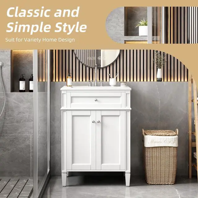 Alt view image 5 of 6 - 24" Bathroom Vanity with Ceramic Sink, Modern Bathroom Storage Cabinet with 2 Soft Closing Doors and Tip-Out Drawer, Solid Wood Frame Bathroom Vanities, Easy Assembly