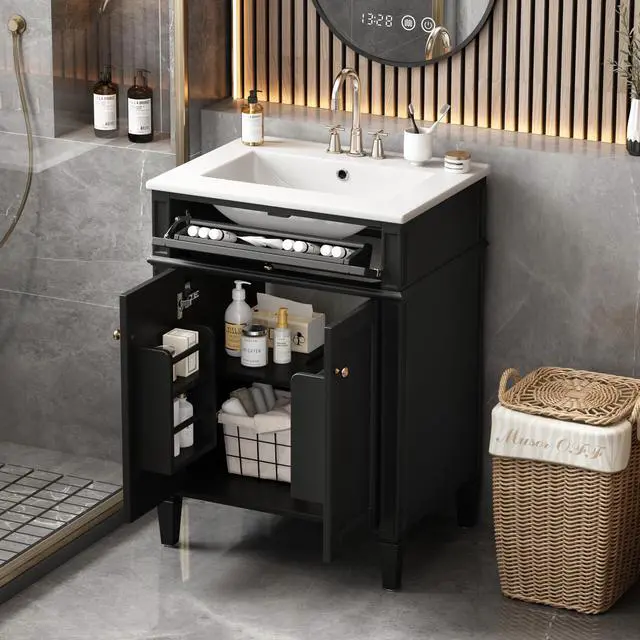 Main image of 24" Bathroom Vanity with Ceramic Sink, Modern Bathroom Storage Cabinet with 2 Soft Closing Doors and Tip-Out Drawer, Solid Wood Frame Bathroom Vanities, Easy Assembly