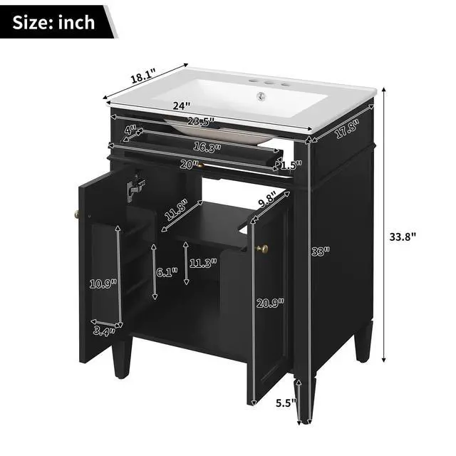 Alt view image 2 of 6 - 24" Bathroom Vanity with Ceramic Sink, Modern Bathroom Storage Cabinet with 2 Soft Closing Doors and Tip-Out Drawer, Solid Wood Frame Bathroom Vanities, Easy Assembly