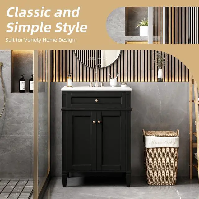 Alt view image 3 of 6 - 24" Bathroom Vanity with Ceramic Sink, Modern Bathroom Storage Cabinet with 2 Soft Closing Doors and Tip-Out Drawer, Solid Wood Frame Bathroom Vanities, Easy Assembly