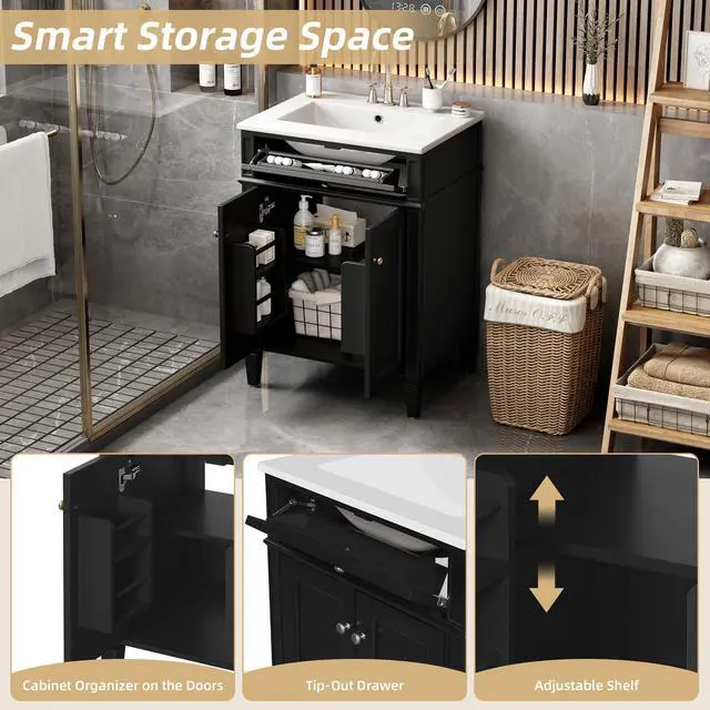 Alt view image 4 of 6 - 24" Bathroom Vanity with Ceramic Sink, Modern Bathroom Storage Cabinet with 2 Soft Closing Doors and Tip-Out Drawer, Solid Wood Frame Bathroom Vanities, Easy Assembly