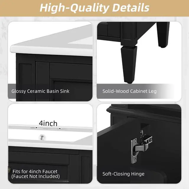 Alt view image 5 of 6 - 24" Bathroom Vanity with Ceramic Sink, Modern Bathroom Storage Cabinet with 2 Soft Closing Doors and Tip-Out Drawer, Solid Wood Frame Bathroom Vanities, Easy Assembly