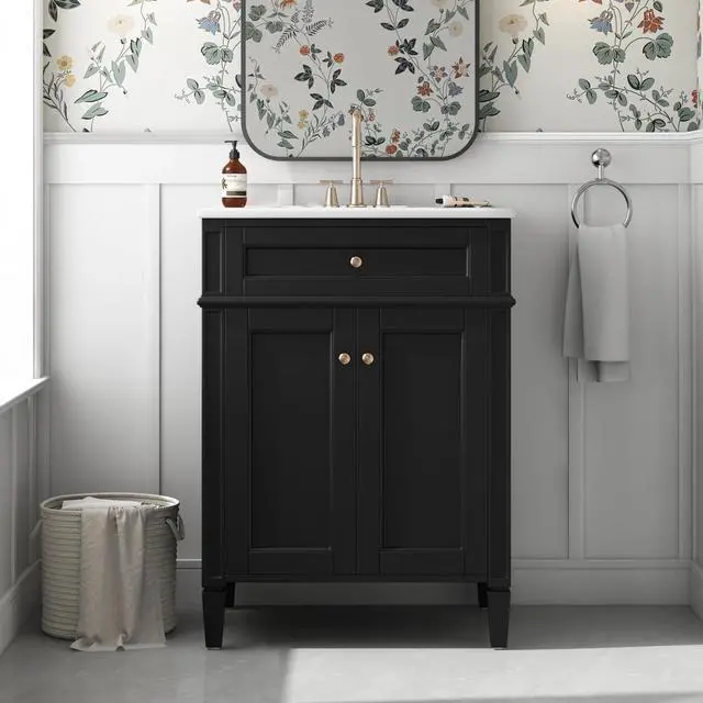 Alt view image 6 of 6 - 24" Bathroom Vanity with Ceramic Sink, Modern Bathroom Storage Cabinet with 2 Soft Closing Doors and Tip-Out Drawer, Solid Wood Frame Bathroom Vanities, Easy Assembly