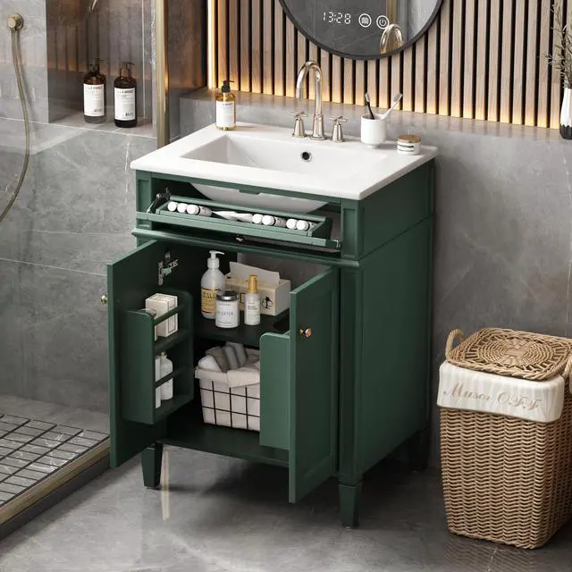 Main image of 24" Bathroom Vanity with Ceramic Sink, Modern Bathroom Storage Cabinet with 2 Soft Closing Doors and Tip-Out Drawer, Solid Wood Frame Bathroom Vanities, Easy Assembly