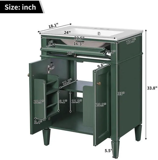 Alt view image 2 of 6 - 24" Bathroom Vanity with Ceramic Sink, Modern Bathroom Storage Cabinet with 2 Soft Closing Doors and Tip-Out Drawer, Solid Wood Frame Bathroom Vanities, Easy Assembly