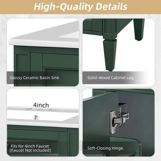 Alt view image 3 of 6 - 24" Bathroom Vanity with Ceramic Sink, Modern Bathroom Storage Cabinet with 2 Soft Closing Doors and Tip-Out Drawer, Solid Wood Frame Bathroom Vanities, Easy Assembly