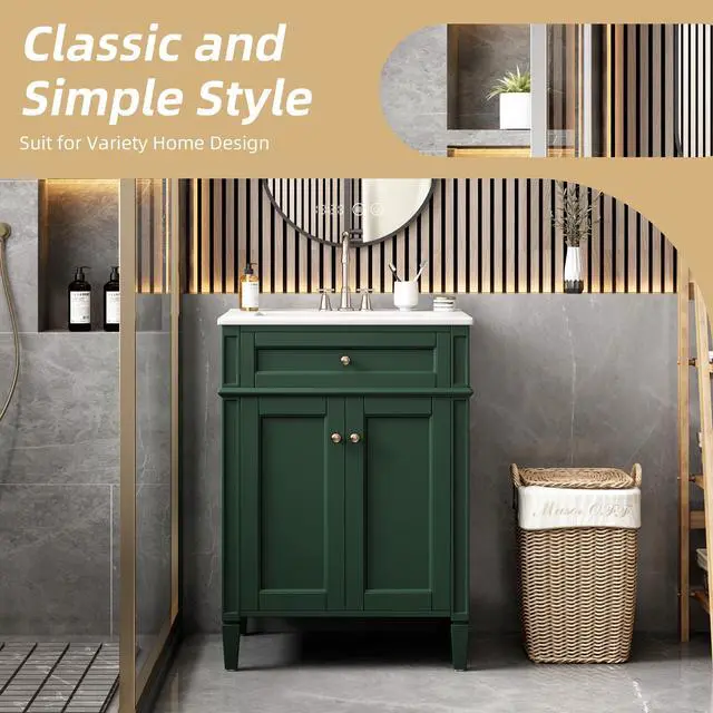 Alt view image 4 of 6 - 24" Bathroom Vanity with Ceramic Sink, Modern Bathroom Storage Cabinet with 2 Soft Closing Doors and Tip-Out Drawer, Solid Wood Frame Bathroom Vanities, Easy Assembly