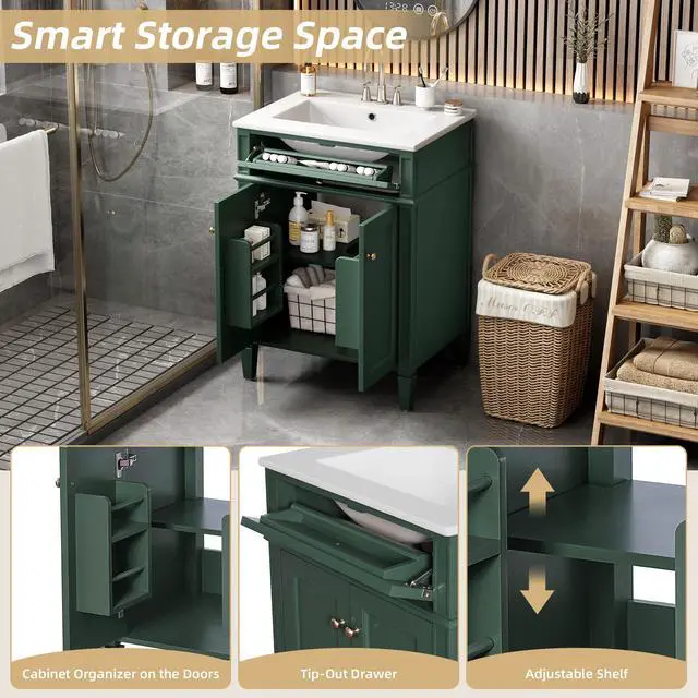 Alt view image 5 of 6 - 24" Bathroom Vanity with Ceramic Sink, Modern Bathroom Storage Cabinet with 2 Soft Closing Doors and Tip-Out Drawer, Solid Wood Frame Bathroom Vanities, Easy Assembly