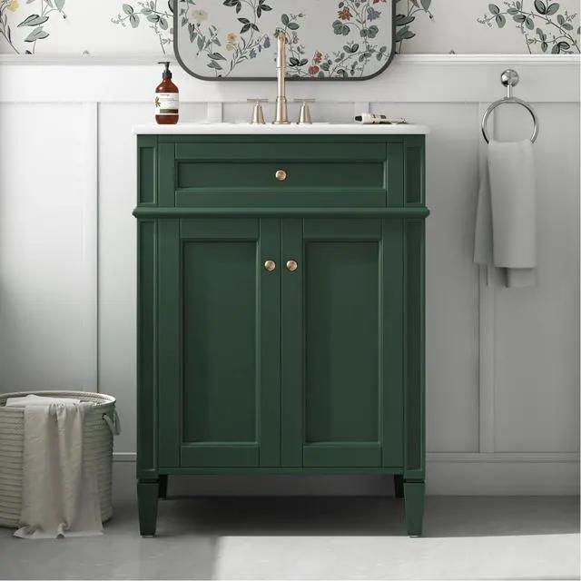 Alt view image 6 of 6 - 24" Bathroom Vanity with Ceramic Sink, Modern Bathroom Storage Cabinet with 2 Soft Closing Doors and Tip-Out Drawer, Solid Wood Frame Bathroom Vanities, Easy Assembly