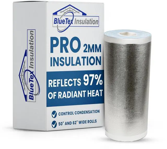 Main image of BlueTex 2mm PRO Metal Building Insulation EPE Foam with Single-Sided Pure Aluminum Foil & White Tearproof Woven Backing Reflective Insulation Foam Reflects 97% Radiant Heat (50" Wide, 700 sq ft)