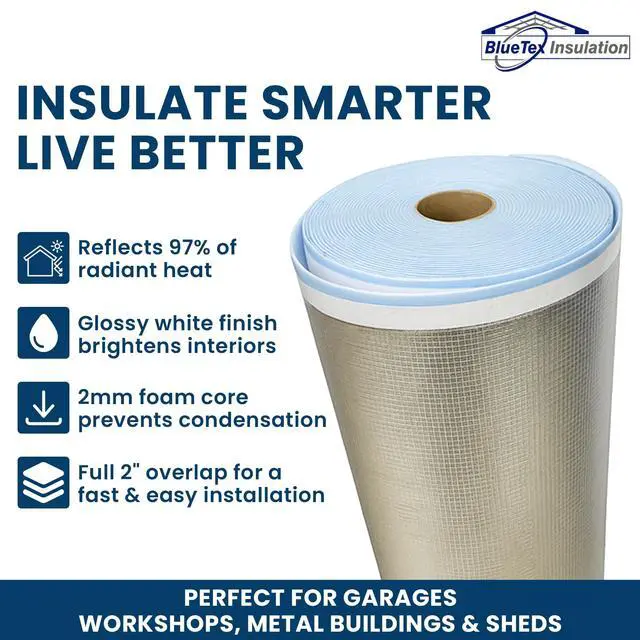 Alt view image 2 of 6 - BlueTex 2mm PRO Metal Building Insulation EPE Foam with Single-Sided Pure Aluminum Foil & White Tearproof Woven Backing Reflective Insulation Foam Reflects 97% Radiant Heat (50" Wide, 700 sq ft)