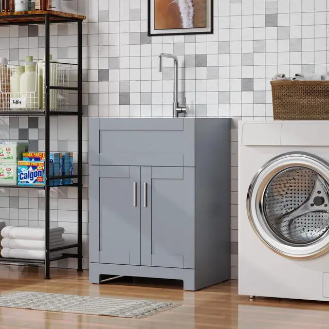 Main image of 24 inch Laundry Sink with Cabinet Stainless Steel Utility Silver Sink Laundry Cabinet for Laundry Room, Kitchen, Bathroom, Indoor, Gray