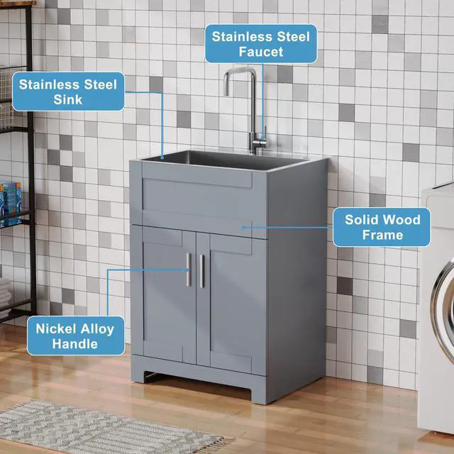 Alt view image 3 of 6 - 24 inch Laundry Sink with Cabinet Stainless Steel Utility Silver Sink Laundry Cabinet for Laundry Room, Kitchen, Bathroom, Indoor, Gray