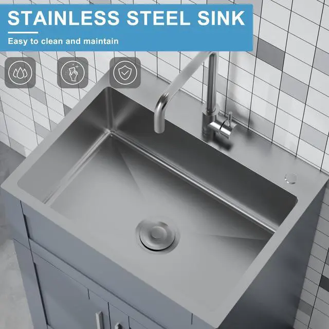 Alt view image 5 of 6 - 24 inch Laundry Sink with Cabinet Stainless Steel Utility Silver Sink Laundry Cabinet for Laundry Room, Kitchen, Bathroom, Indoor, Gray